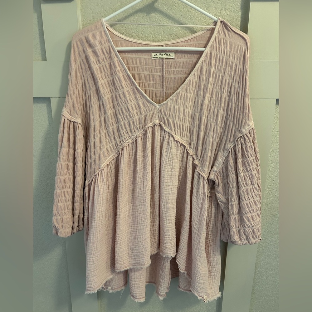 Free People Blush Pink Gauze V-Neck Babydoll Top
